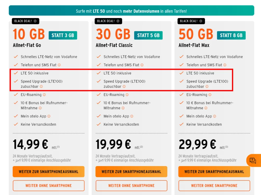 Otelo Flat und Tarife mittlerweile mit LTE 50 und bis zu 100 MBit/s Speed