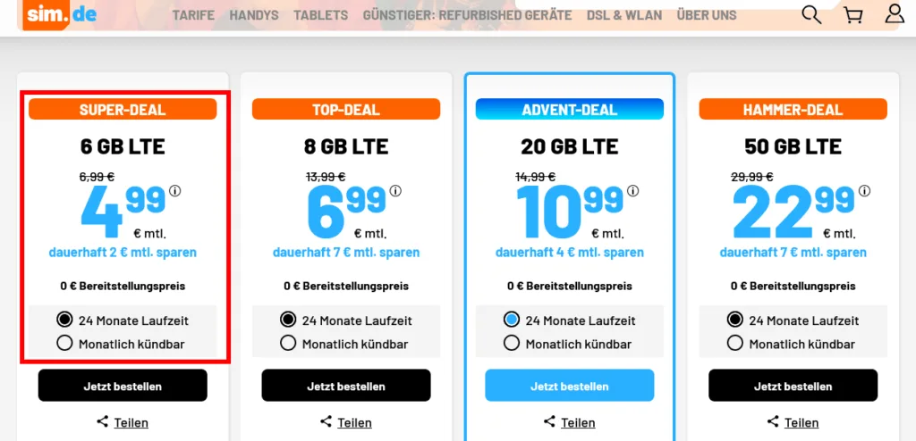 5 Euro Tarife als Aktionsdeal