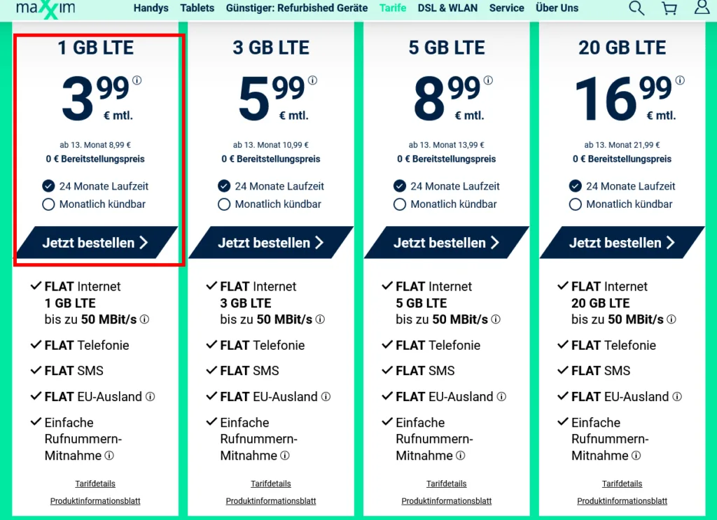 Maxxim Tarife ab 3,99 Euro (aber Streichpreise)