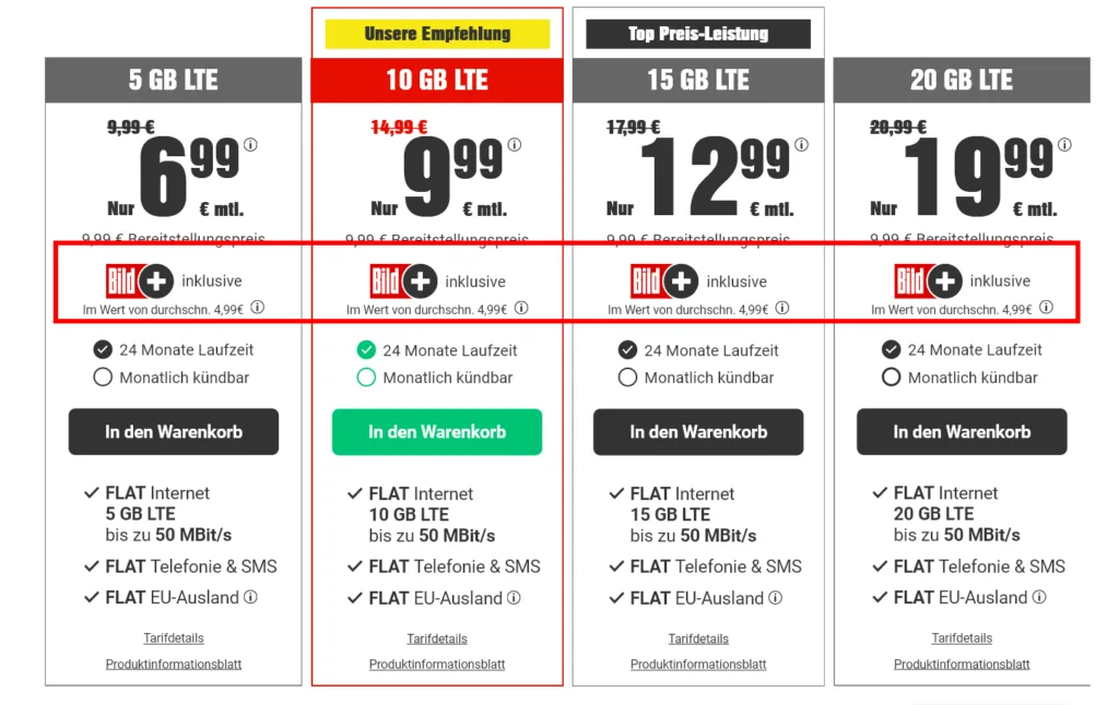 BILDconnect Tarife und Flatrates jeweils mit BILD+